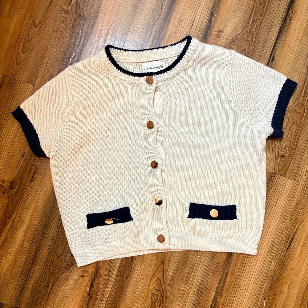 Freshman 1996 Cream & Navy Knit Short Sleeve Cardigan | Gold Button | Women’s M - Picture 3 of 10